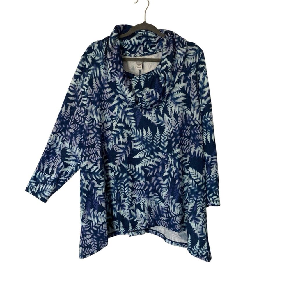 Catherine’s Womens Top 2X  Knit Cowl Neck Long Sleeve Tunic Blue Hanky Hem